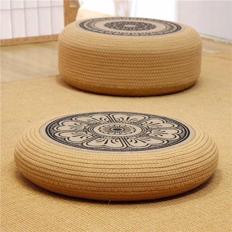 Round Jute Meditation Cushion for Zen, Tatami, Balcony, Window Sill - Portable Japanese Style Zafu Pad for Adult Sitting