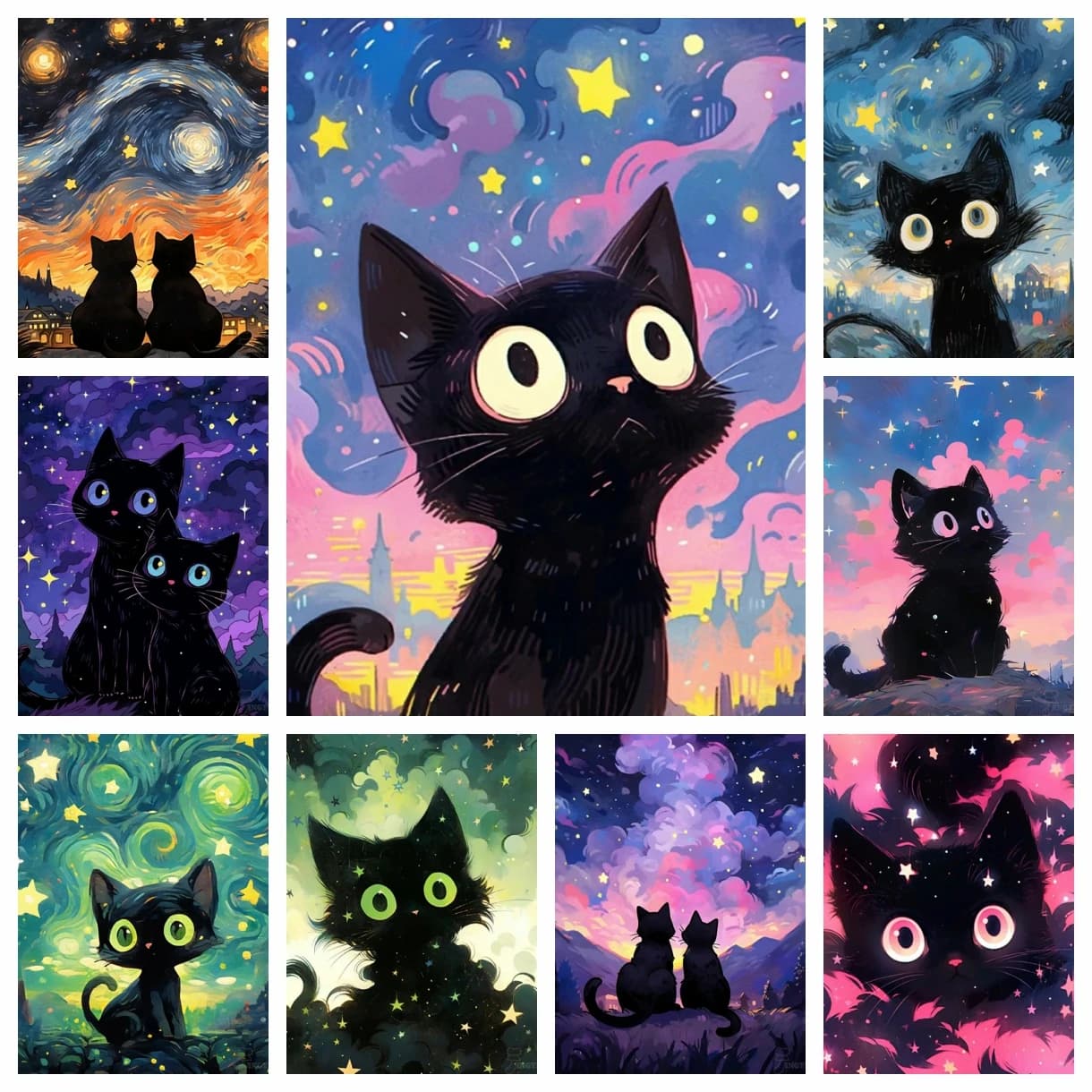 5D Diy Diamond Art Painting Cross Stitch Kit Starry Sky and Black Cat Rhinestone Diamond Mosaic Embroidery Home Decoration
