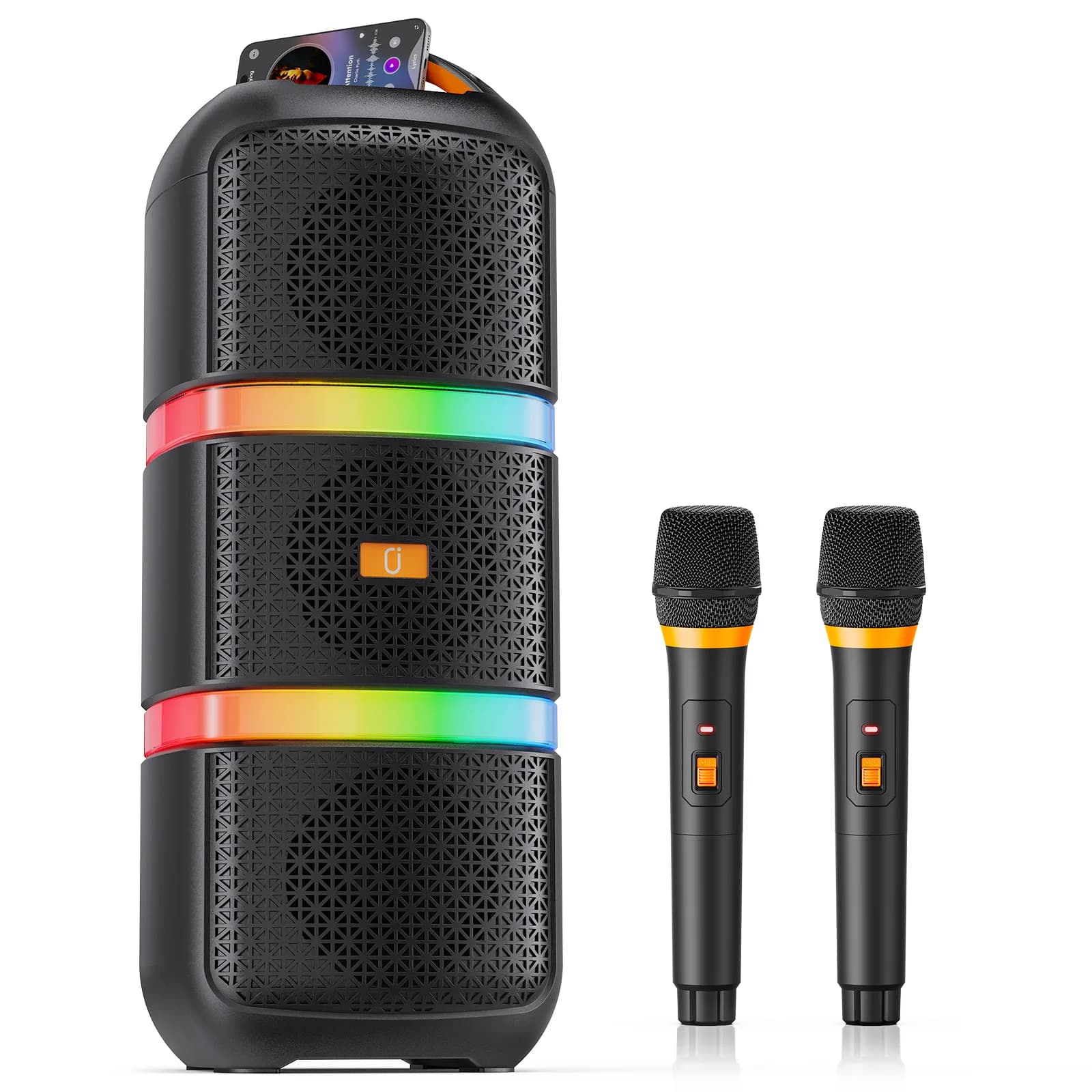 Macchina per karaoke serie FanFun 2 microfoni wireless con regolazione dei alti/bassi, sistema PA wireless, 8 effetti sonori