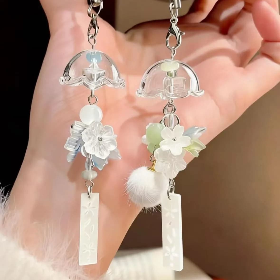 INS Jasmine Flower Wind Chime Keychain Floral Bag Pendant Cute Plush Ball Backpack Key Ring Gift For Women Jewerly