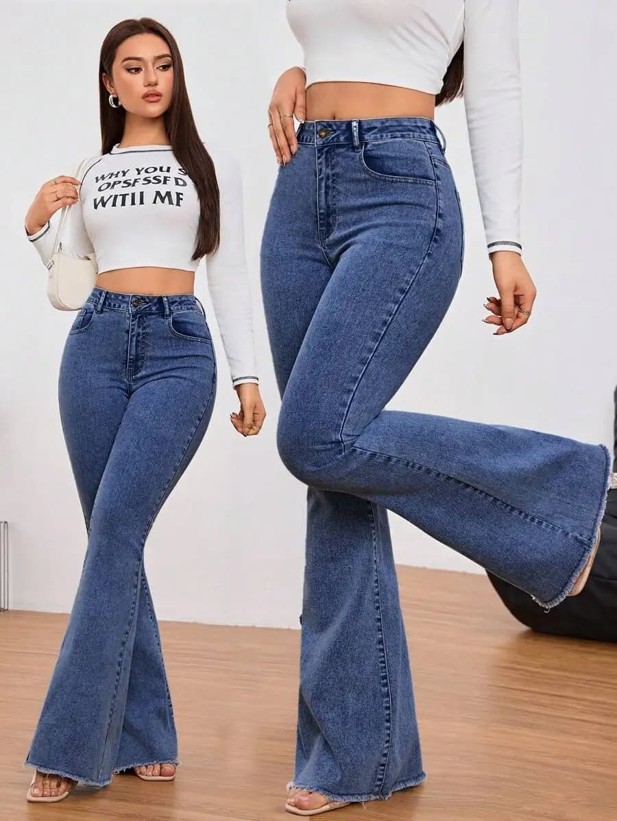 Jeans da Donna Casual Lavati Slim Fit a Gamba Larga in Denim