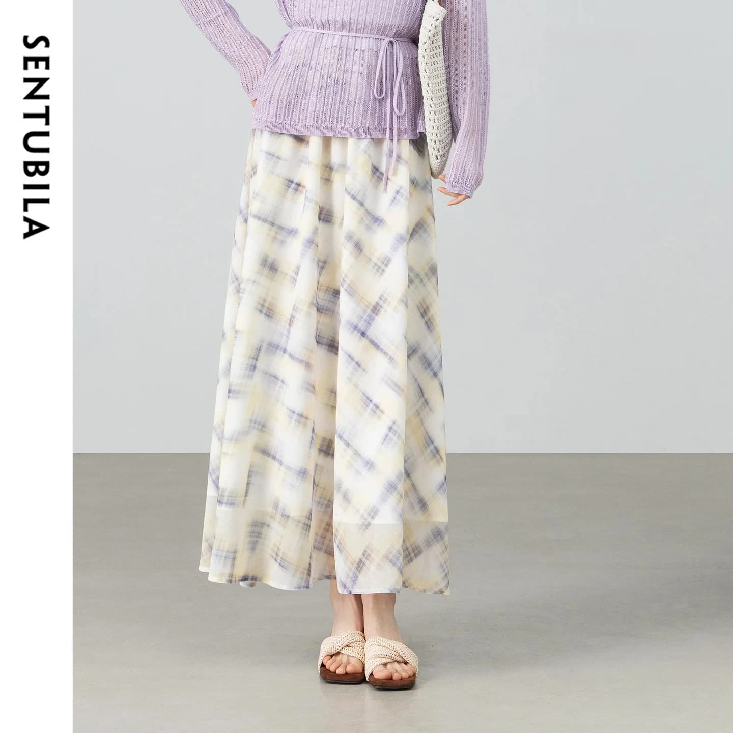Gonna Midi a Quadri da Donna SENTUBILA, Nuova Collezione Estiva 2026, Versatile con Stampa Tie-Dye, Vita Elastica, Gonna Lunga a Trapezio 162QA4767
