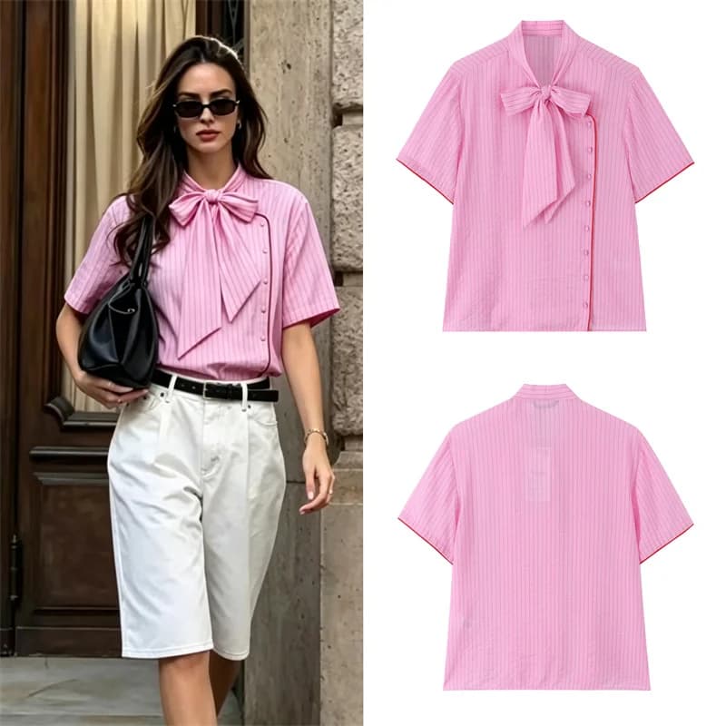 2026 Women Summer Stand Collar Bow Striped Blouse Vintage Short Sleeve Casual Office Shirt