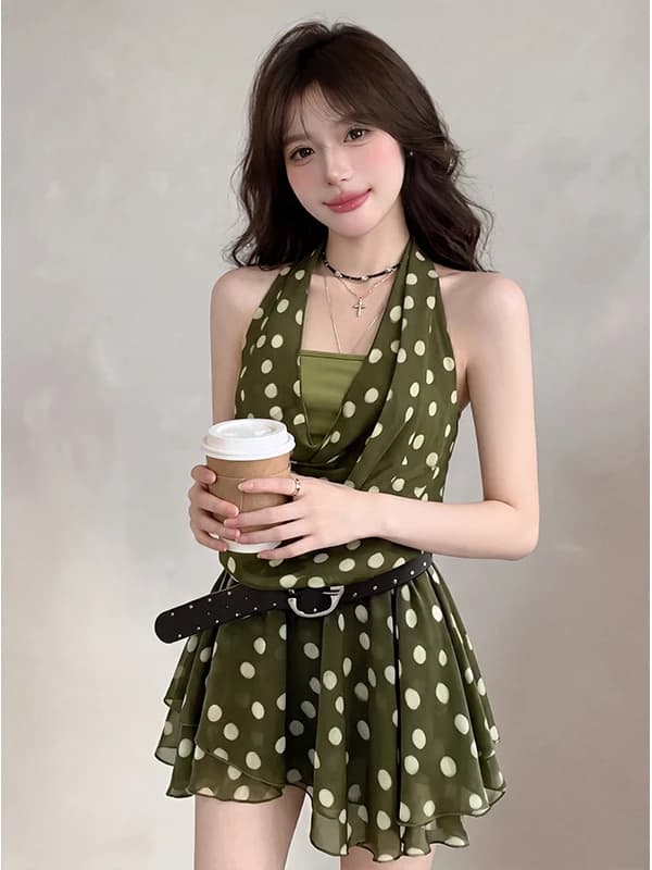 Summer New Polka Dot Halter Neck Fake Two-Piece Dress Women's Spicy Girl Style Slimming Waist A-Line Skirt Standard Fit Short...