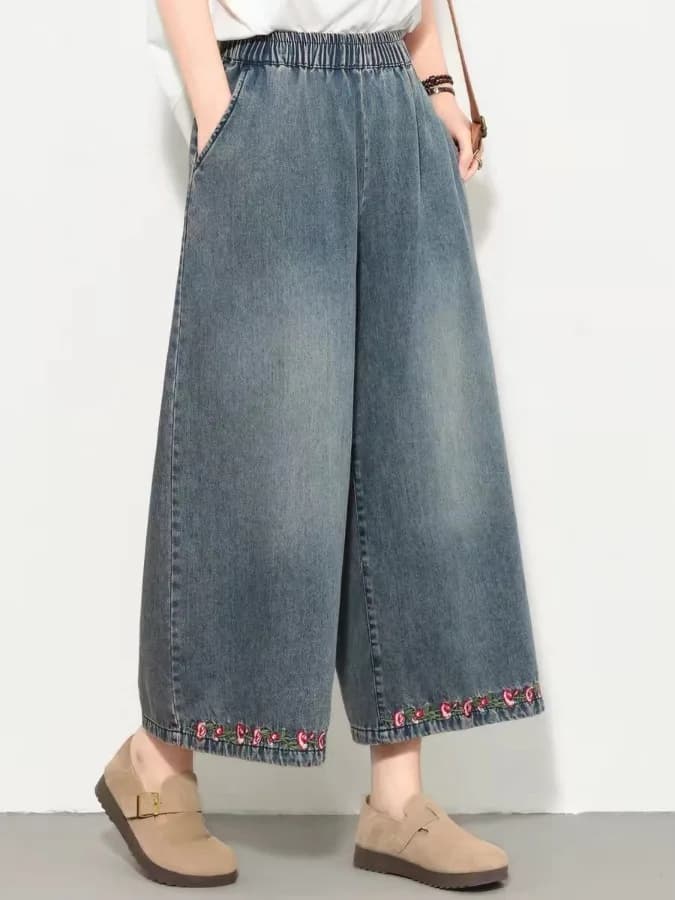 2026 Summer New plus Size Loose Wide Leg Jeans Women's Casual High Waist Embroidered Denim Pants Trendy Body Concealing