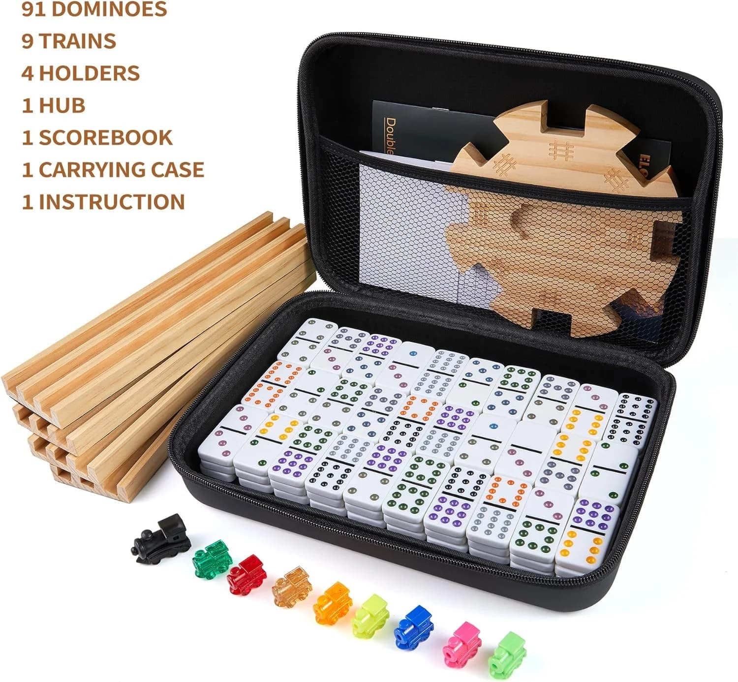 Treno messicano Set doppio 12 domino con 4 vassoi/tazze in legno in custodia da trasporto portatile Gioco da tavolo colorato 91 piastrelle e 9 treni