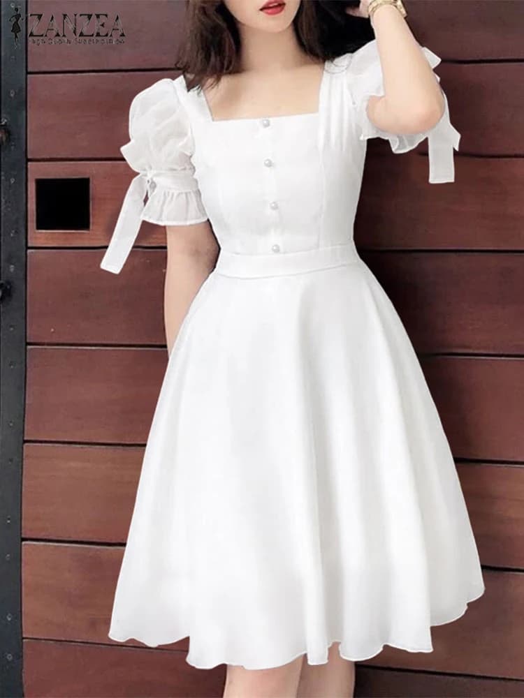 ZANZEA Abito da festa da donna Estate Manica corta Vita alta A-Line Al ginocchio Vestito estivo Colletto quadrato sexy Solido Abito da spiaggia casual