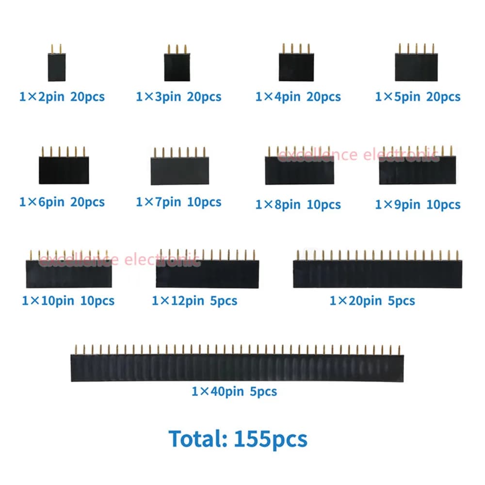 155PCS 2.54mm Single row pin header kit and female socket - PCB connector box 4/6/8/10/12/16/20/40pin for Arduino projects