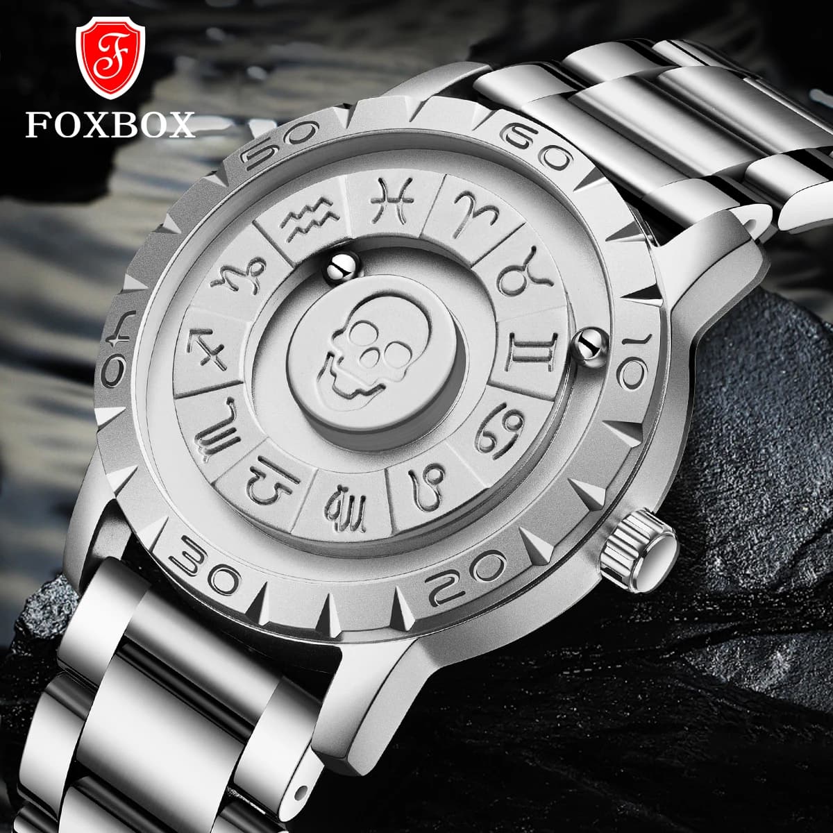 2024 FOXBOX Quartz watch with magnetic force creative brand stainless steel strap watch with men's sliding beads watch with waterproof skull