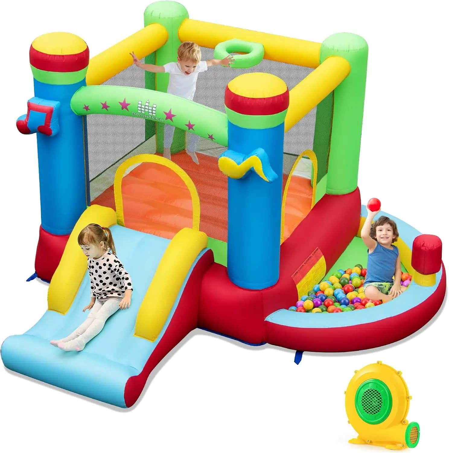 Inflatable Bounce House, Music Theme Jump n’ Slide Bouncy House for Kids, Slides, Ball Pit & Punching Bag, Indoor Outdoor Bouncy