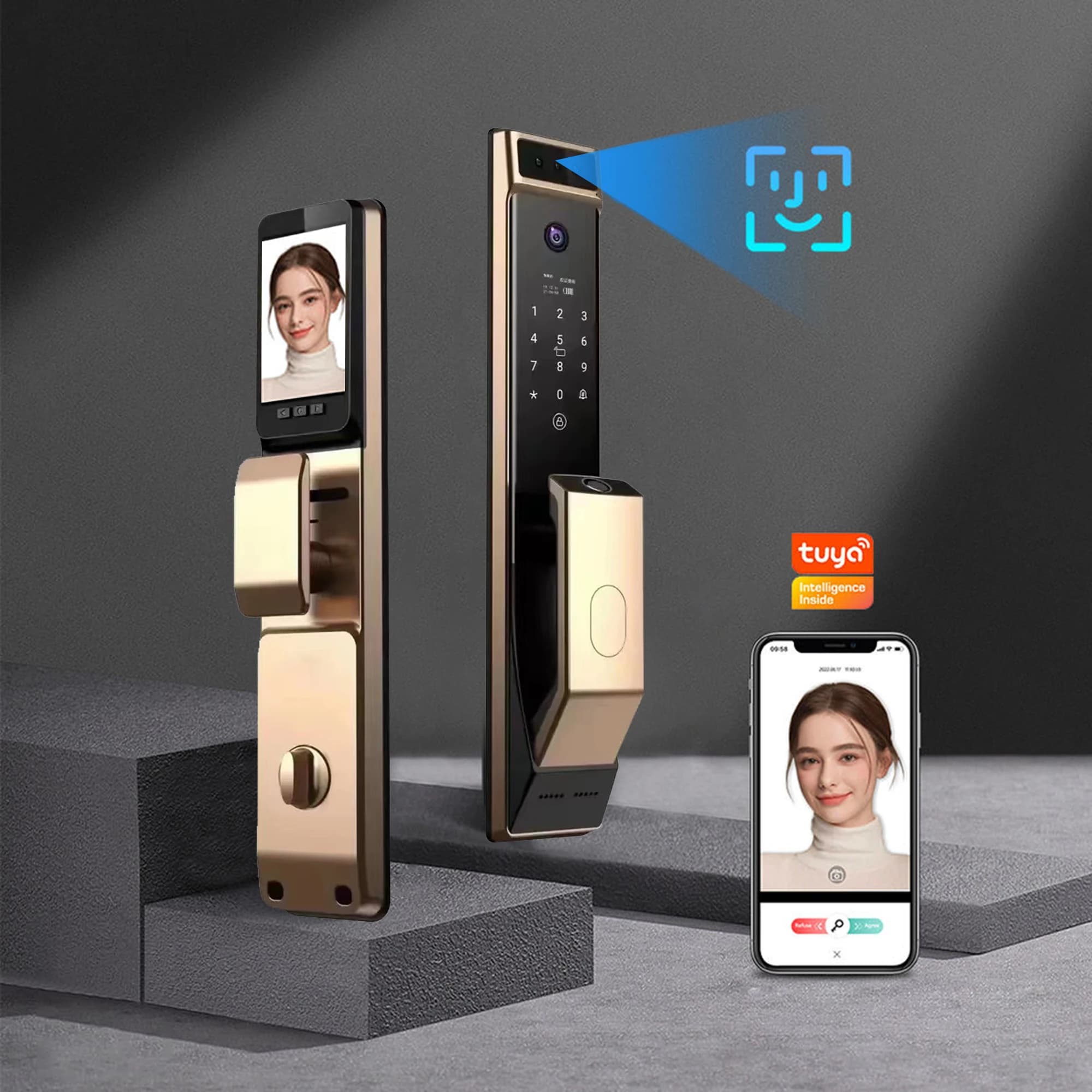 Serratura Intelligente Senza Chiave Tuya Wifi con Impronta Digitale e Telecamera, Chiusura Biometrica Push-Pull per Casa