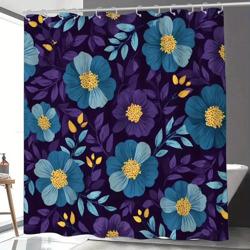 Waterproof Floral Shower Curtain Boho Style Dark Purple Blue Flower Pattern Bathroom Decor Shower Curtain Liner for Home