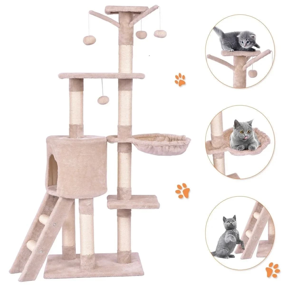 Albero per gatti da 56 pollici, casetta per gatti, mobili per animali domestici, con posti per grattare, scala, beige
