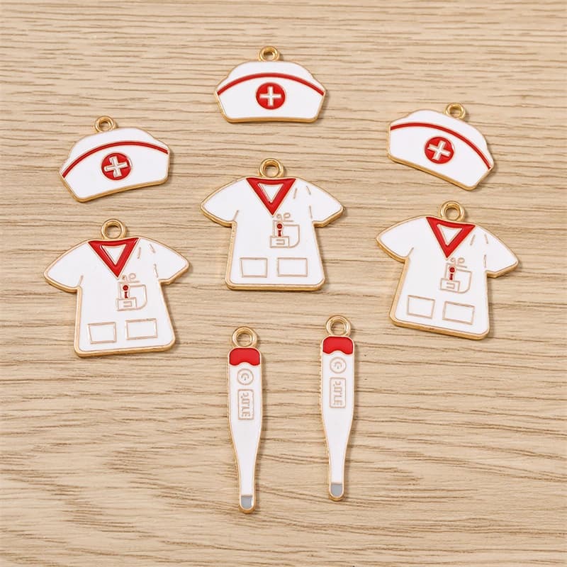 10pcs Cute Enamel Nurse Hat Stethoscope Thermometer Needle Charms Pendants for Jewelry Making Necklaces Earrings DIY Crafts Gift