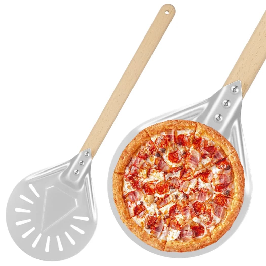 Spatola per pizza rotonda Peeling per pizza con manico in legno staccabile Spatola per pizza Paddle Perforated Peel Turner per cuocere la pizza
