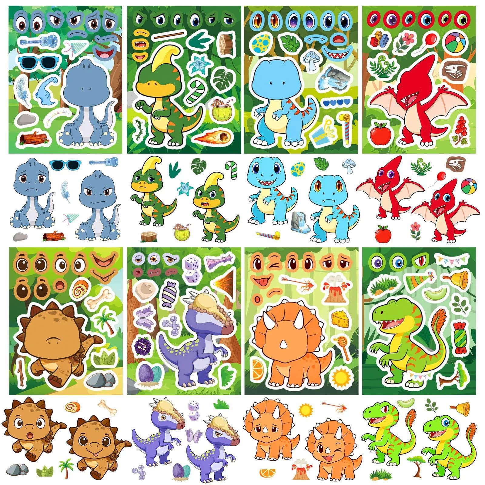 8/16 Fogli di Adesivi Puzzle Dinosauro Fai-da-Te, Giochi Educativi Divertenti con Animali Cartoonizzati da Assemblare