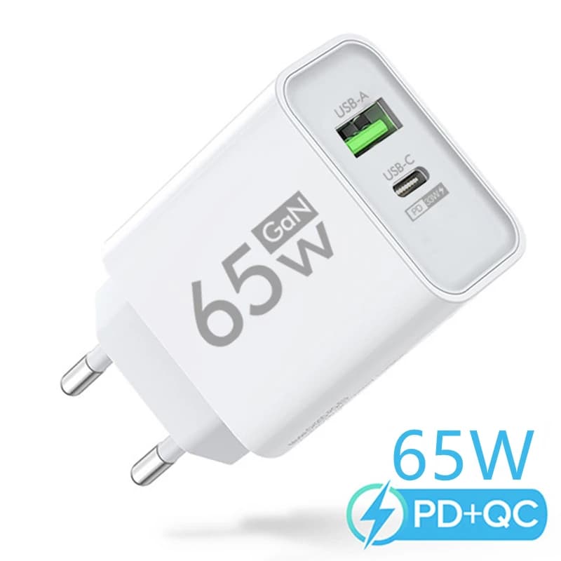 Caricatore USB C GaN 2 in 1 Caricabatterie da muro con presa EU/US a ricarica rapida da 65 W Adattatore USB tipo C universale PD + QC3.0 a 2 porte con ricarica rapida