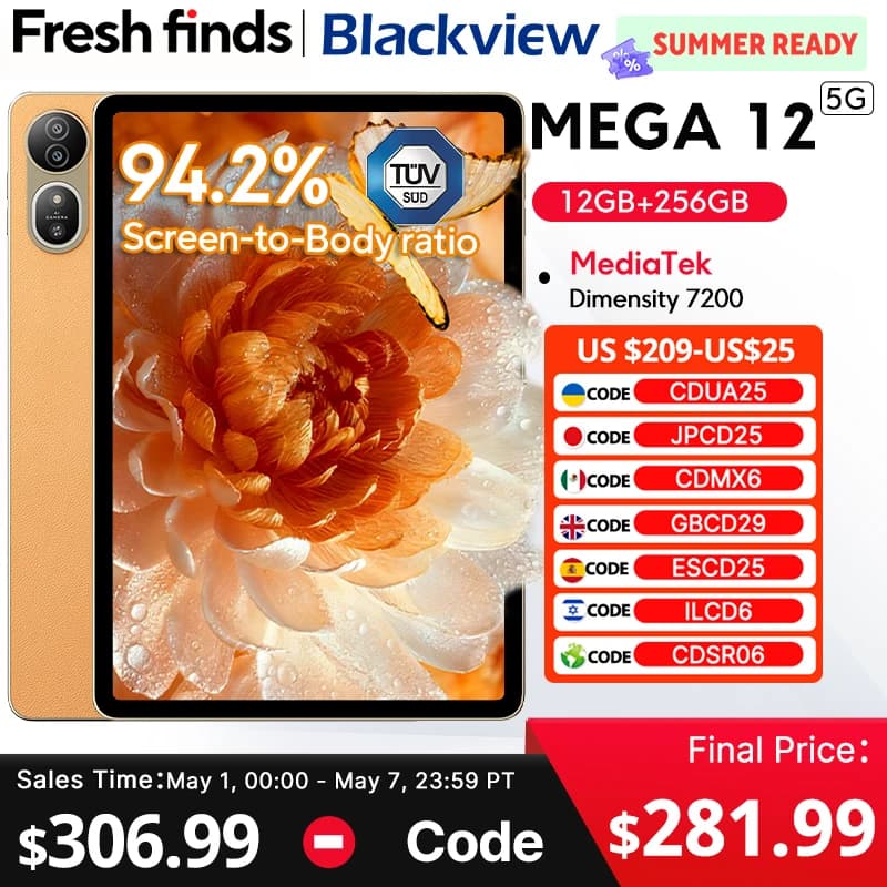 Tablet Blackview MEGA 12 5G with CPU Dimensity 7200, Display 12.2\" 2.4K 120Hz, Waterproof IP69K, Camera 50MP, Battery 10000mAh