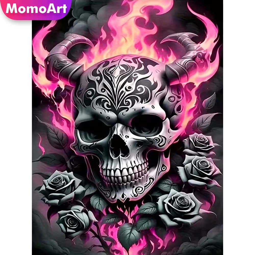 Momoart Nuovo Arrivo Kit Fai da Te per Pittura Diamantata e Ricamo a Punto Croce, con Mosaico Diamantato, Ritratto Horror di Scheletro e Fiore, Artigianato