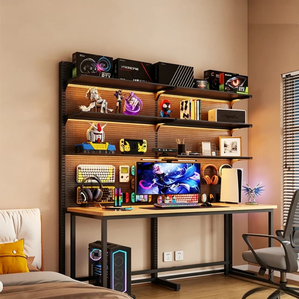 Desktop Organizer Stand with Pegboard Iron Bookshelf for Home Office Multi-Tier Storage Rack for Monitor & Accessories