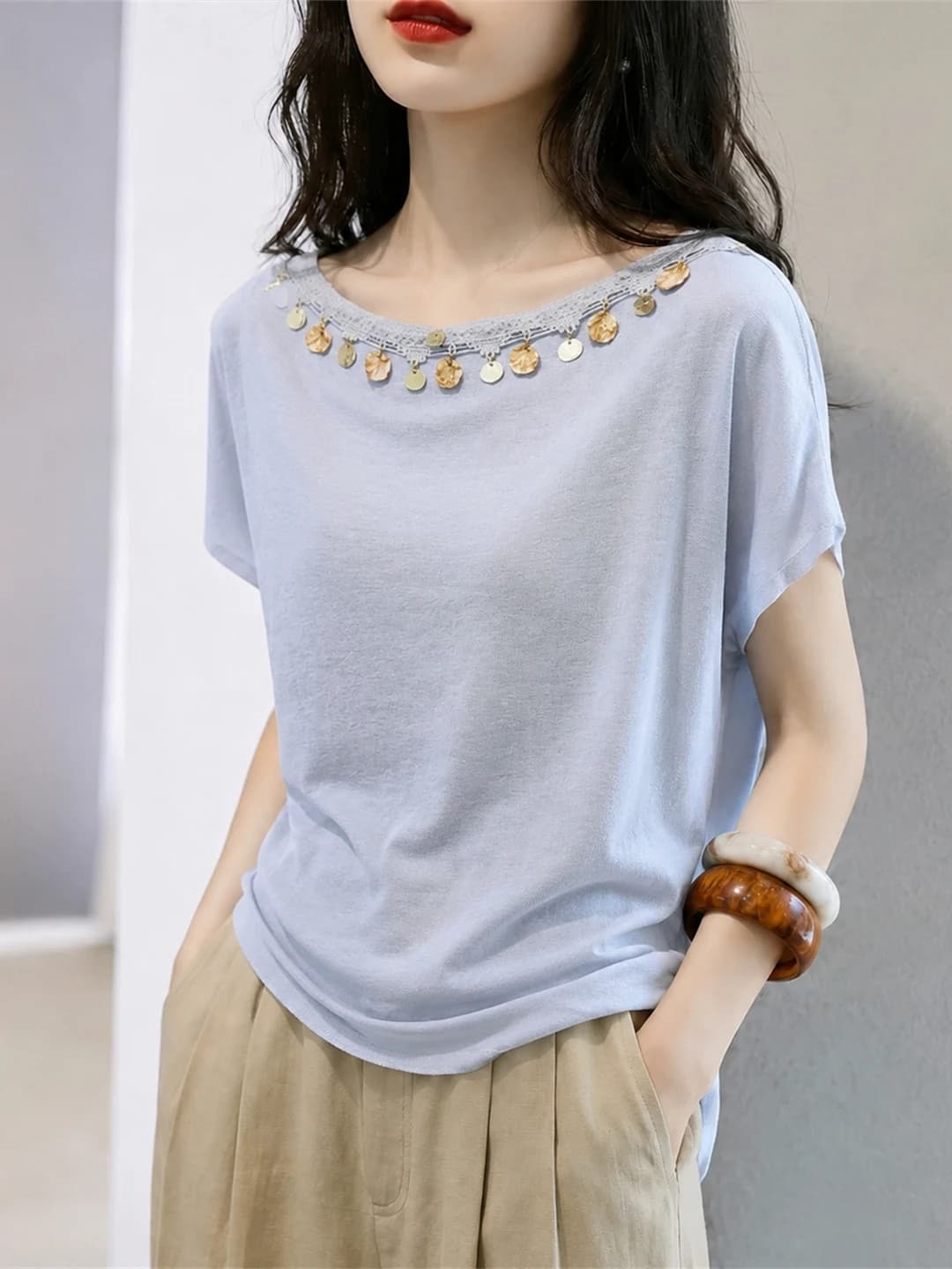Bohemian Style Short Sleeve T-Shirt Korean Fashion Slim Fit Elegant Beautiful Summer 2026 Silk Women's Top Casual Straight Cut