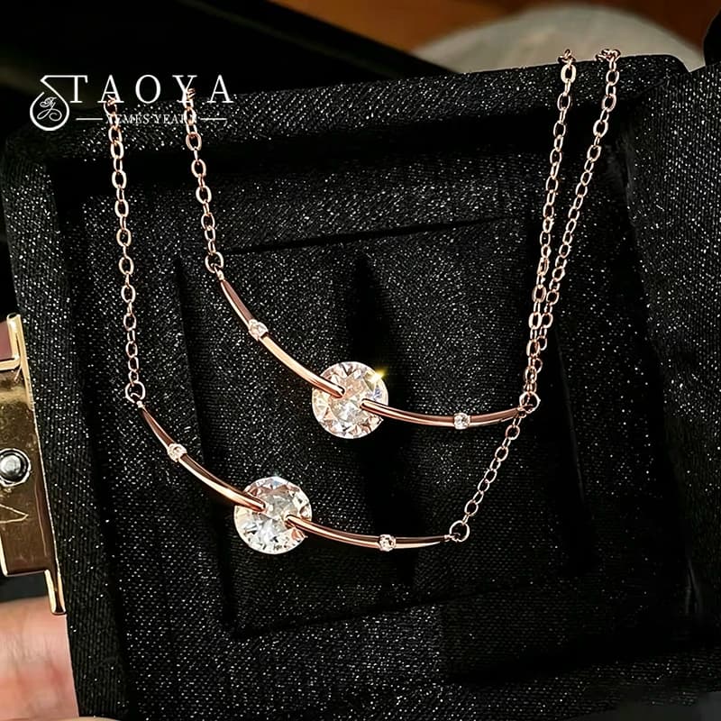 1Pc Rose Gold Curved Bar Necklace for Women Shiny Round Zircon Pendant Necklace Minimalist Ladies Daily Party Jewelry Gift