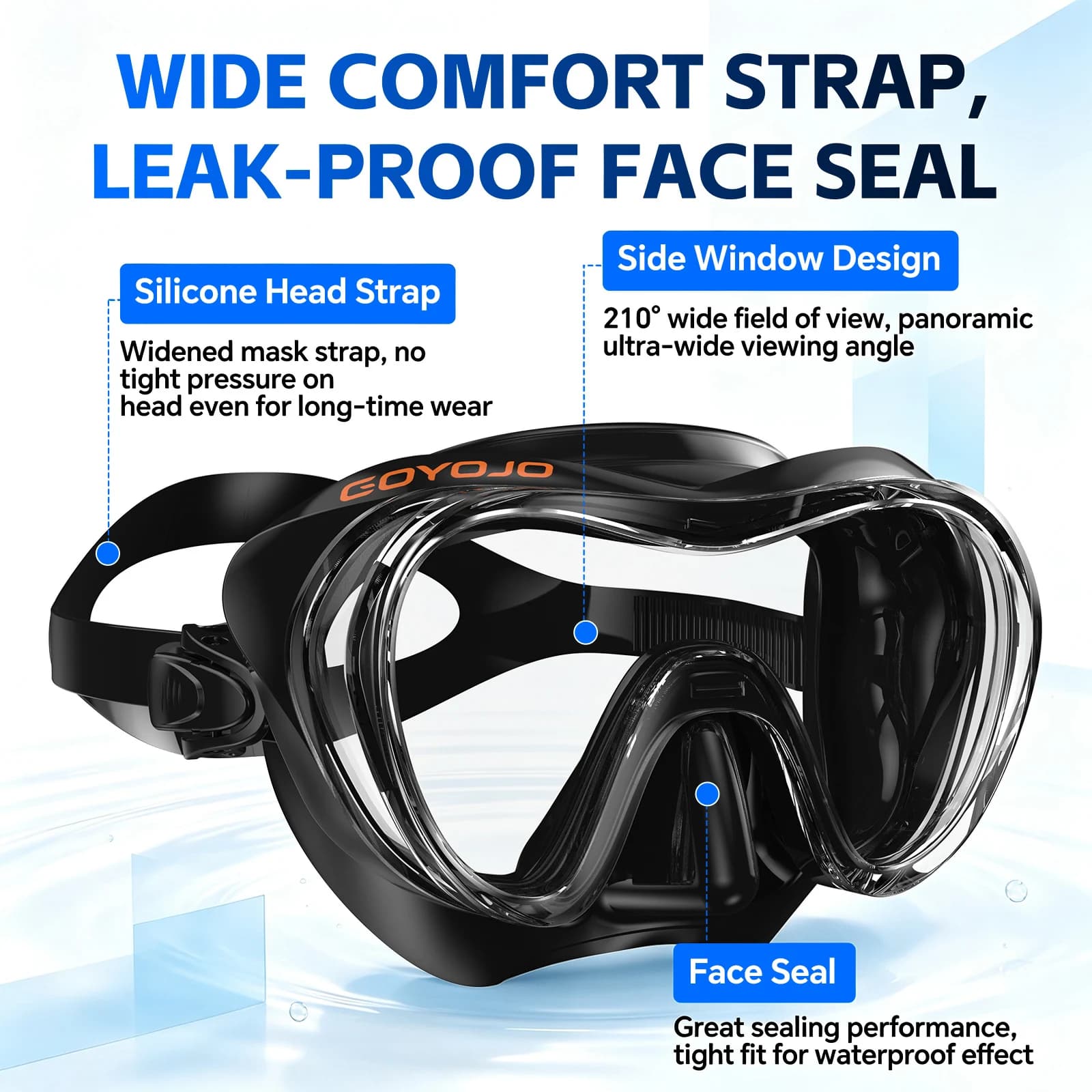 GOYOJO Snorkel Mask Large Frame Diving Goggles 3 Window Dry‑Top Snorkel Anti‑Fog Leak‑Proof Scuba Diving Swimming Equipment