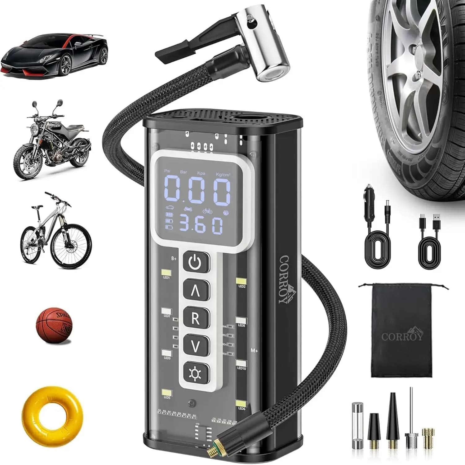 Compressore d'Aria Portatile, Gonfiatore Pneumatici Senza Fili 150PSI con Manometro Digitale e Luce LED per Pneumatici Auto, Moto, Biciclette