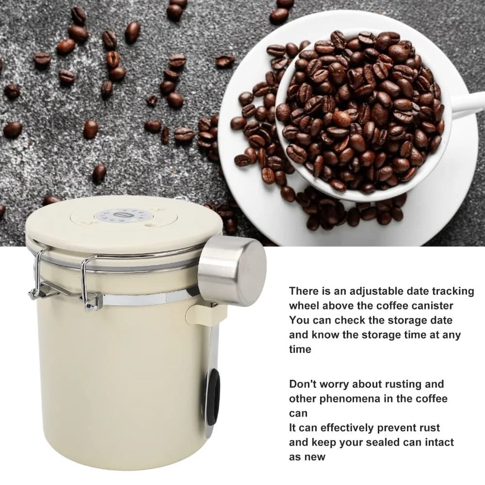 Vacuum Seal Airtight Coffee Canister With Scoop Airtight Lid Coffee Bean Storage Container White Finish Stainless Steel Body