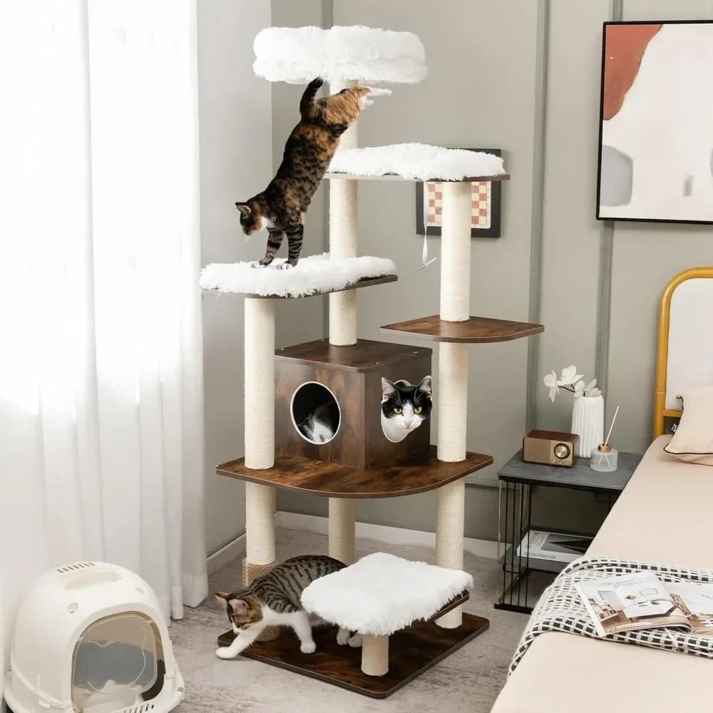 XMSJTangkula Albero per Gatti Alto, Torre per Gatti da 71 Pollici con Piattaforme Multilivello, Albero per Gatti Moderno in Legno con Tiragraffi in Sisal, Autoportante