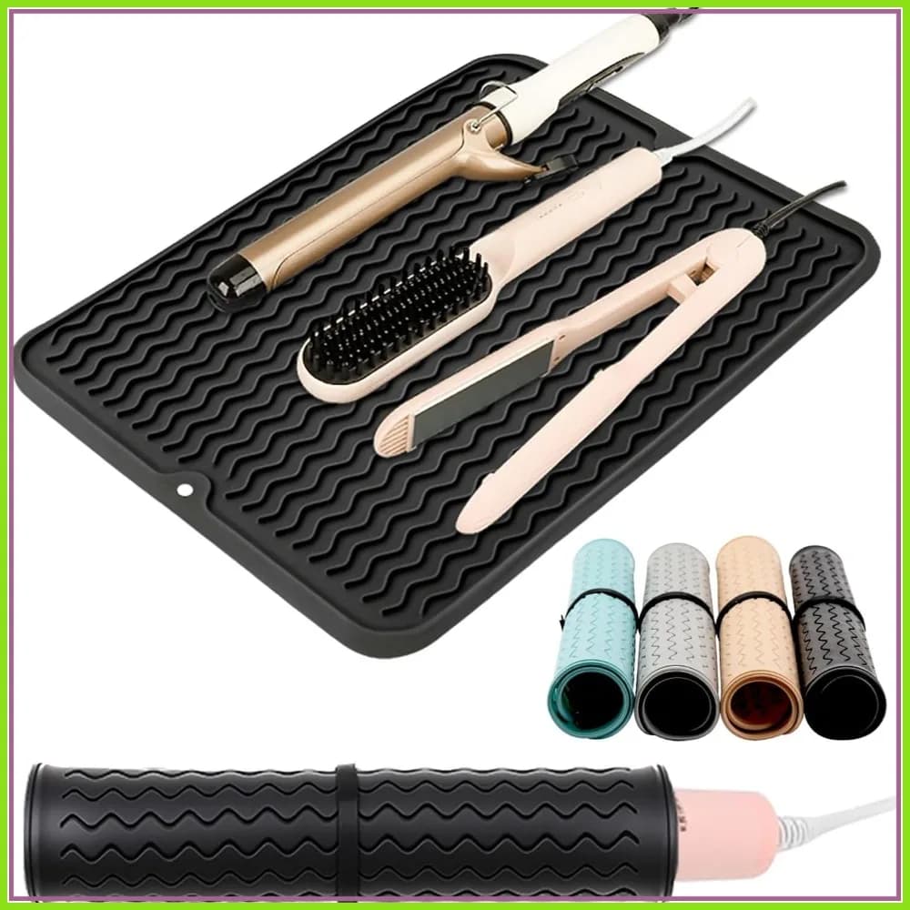 Grande tappetino termico in silicone per ferro arricciacapelli, 15,7x11,8 pollici, nero - Protegge le superfici, portatile