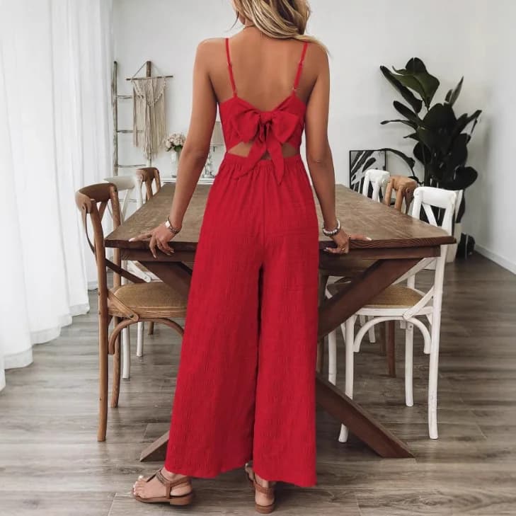Women Summer Solid V Neck Spaghetti Strap Wide Leg Jumpsuit, High Waist Draped Loose Sleeveless Vacation Long Jumpsuit