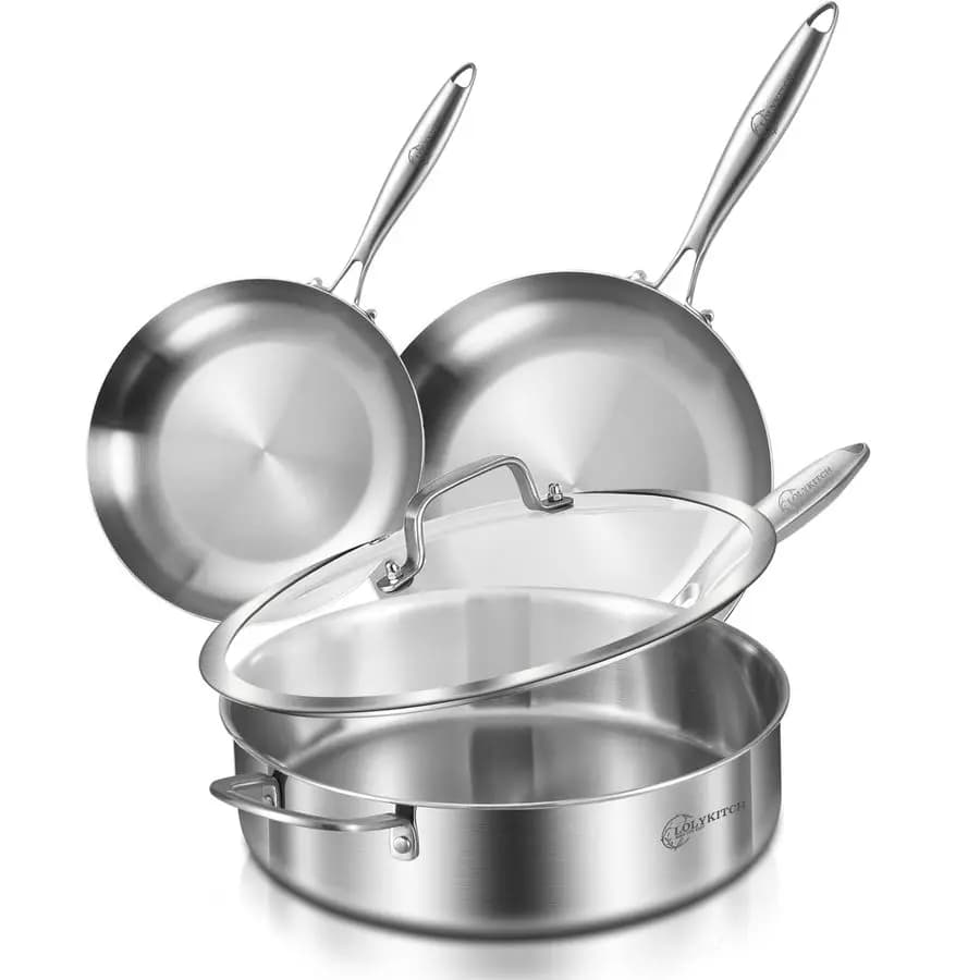 810 inch stainless steel frying pans and 6 QT pan with lid, induction cookware set, dishwasher and oven washable