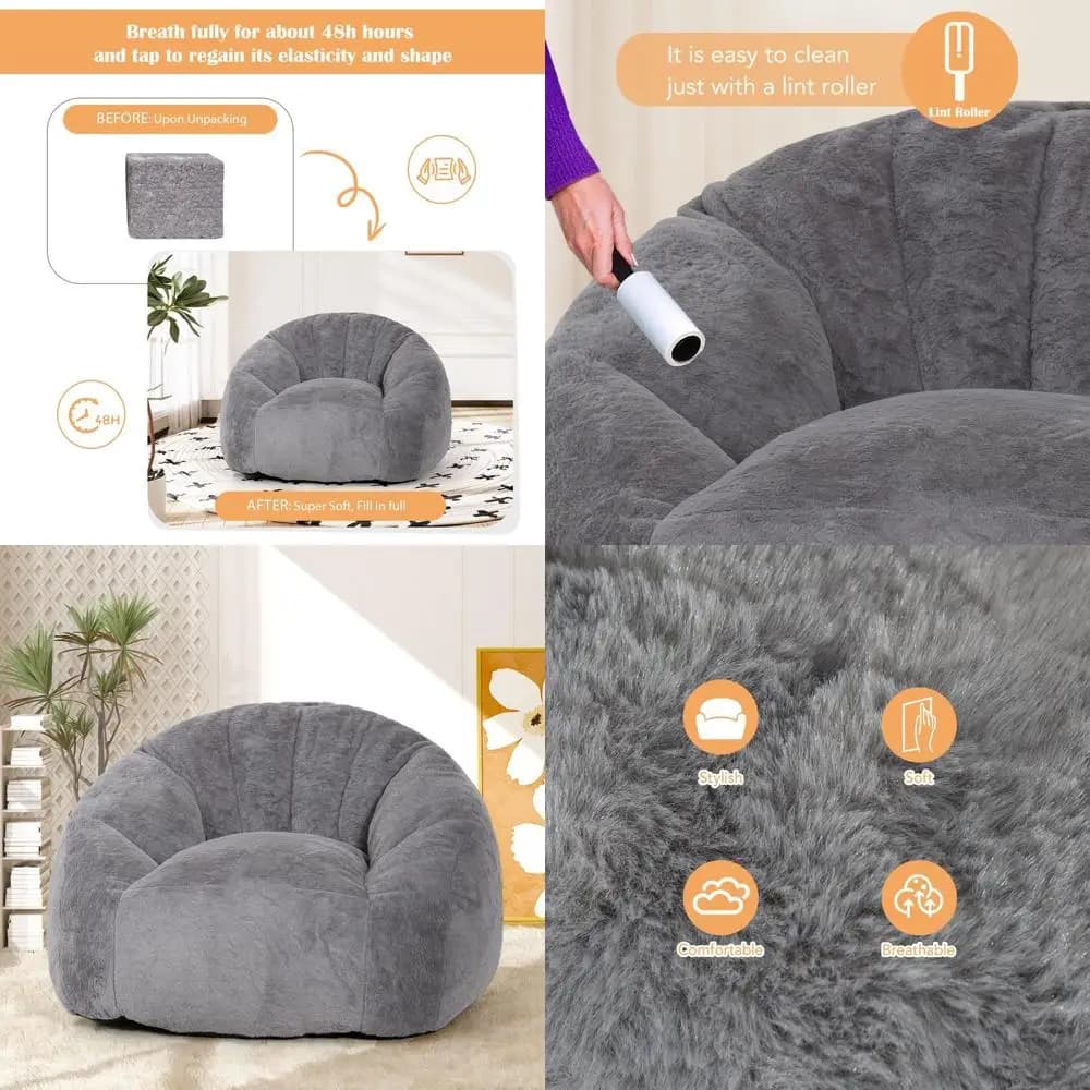 Poltrona Sacco Oversize a Forma di Conchiglia Grigia con Braccioli per Adolescenti e Adulti - Perfetta per Camere da Letto, Soggiorni, Gaming e