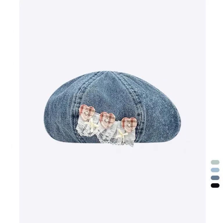 Women's Fashion Beret with Lace Trim And Heart-Shaped Buttons Spring Summer Artist Hat Stylish Cap for Ladies