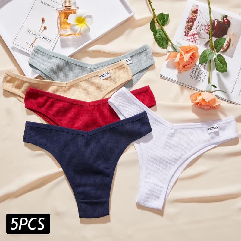 5 pezzi mutandine di cotone Waffle da donna mutandine brasiliane morbide mutandine Sexy da donna con vita a V biancheria intima di colore solido Lingerie traspirante