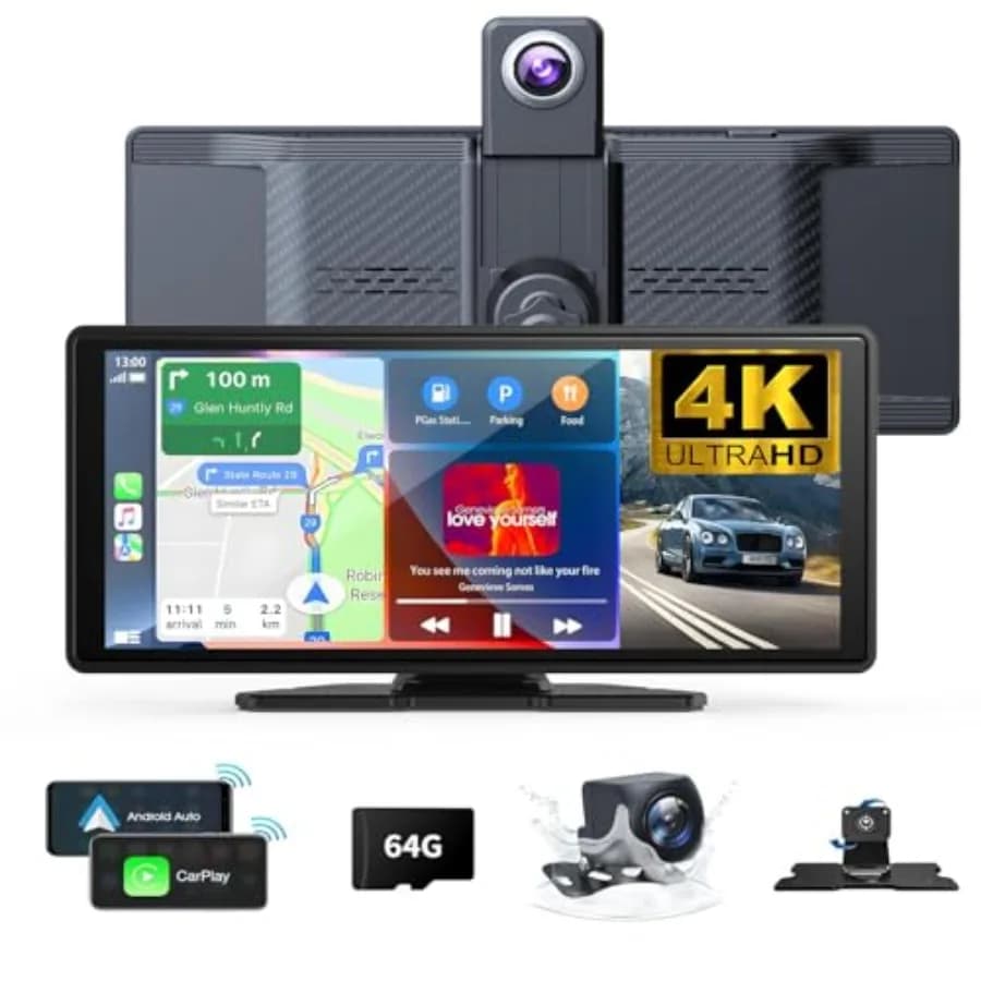 Schermo Wireless Carplay per Auto: Display 4K da 10.26 Pollici, Corpo in Lega di Alluminio, Nero, Rotazione a 360°, Dash Cam, Android Auto, Navigazione GPS