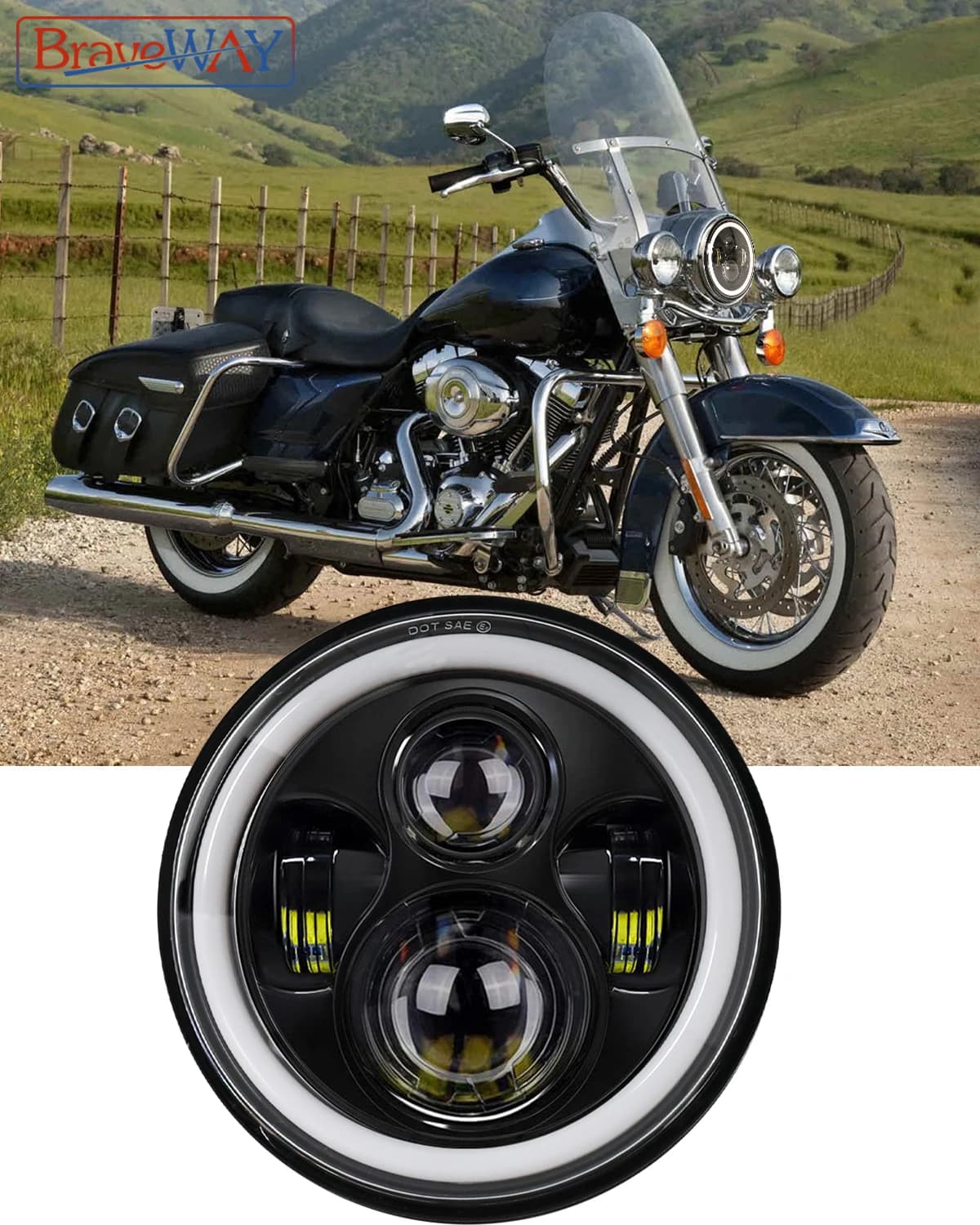 Faro anteriore per moto a LED rotondo da 7 pollici BraveWAY, faro H4 per Harley per BMW per Yamaha per Honda per Jeep