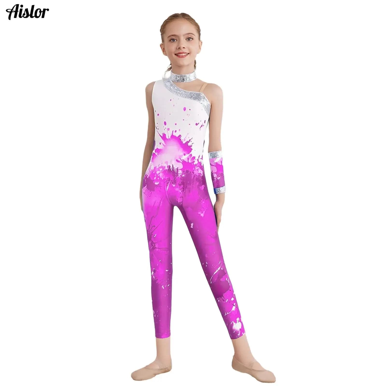 Kids Girls Gymnastics Jumpsuit Sleeveless Asymmetrical Sequins Printed Full Length Leotard Bodysuit+Glove for Figure Ice Skating