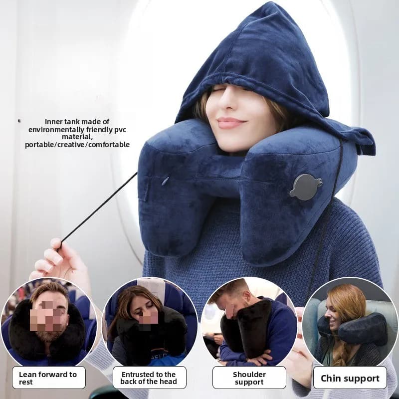 Cuscino per il collo Cuscino gonfiabile da viaggio a forma di U Cuscino con cappuccio H per auto all'aperto Volo a lunga distanza