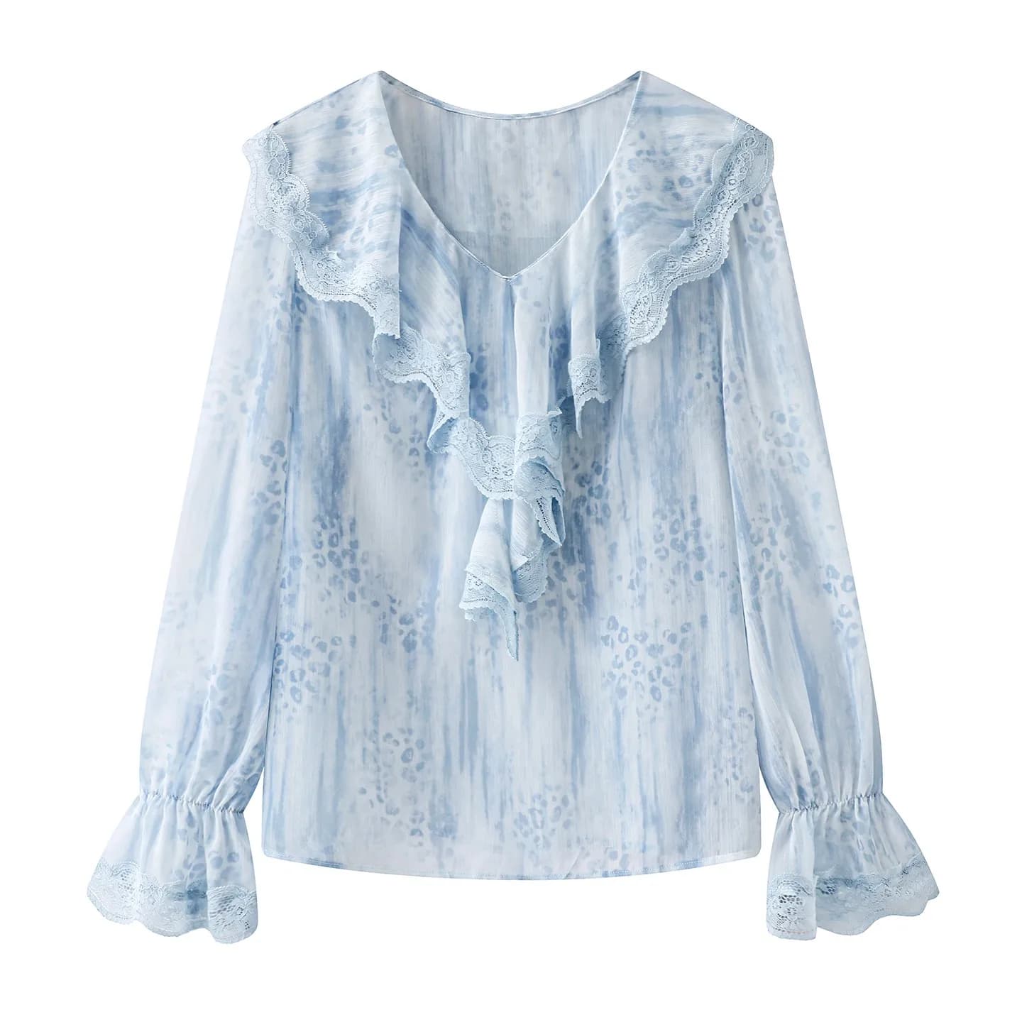Blue Leopard Print Lace V-Neck Shirt Women's Casual Style Long Sleeve Bell Sleeve Floral Spring New Fashion Top