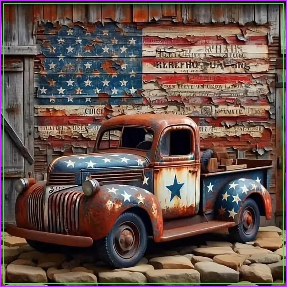 5D Diamond Art Kits for Adults, DIY Full Round Drill American Flag Truck Painting, Home Wall Decor 13.7x13.7 Inch