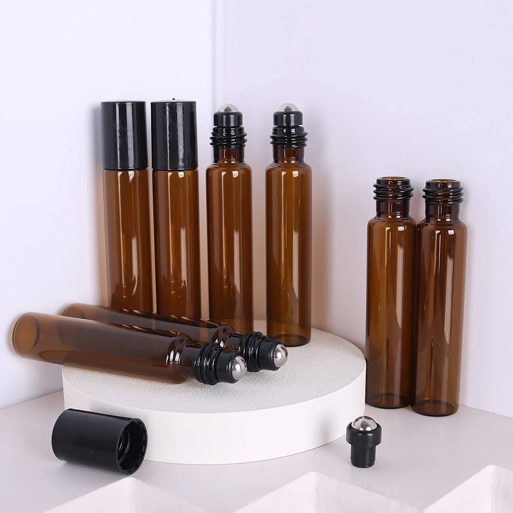 Affordable Package 8/pcs 5 10ml Brown High Quality Glass Roller Perfume Bottle Essential Oil Steel Ball Roller Bottle Refillable