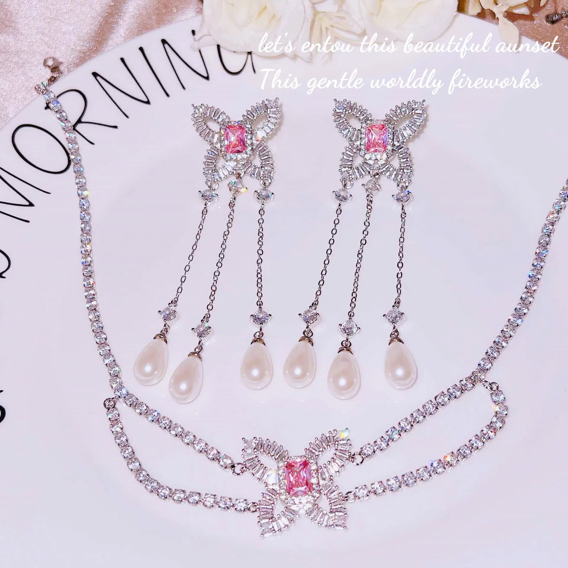 S925 sterling silver necklace light luxury super fairy butterfly necklace pink square diamond butterfly pearl earrings women