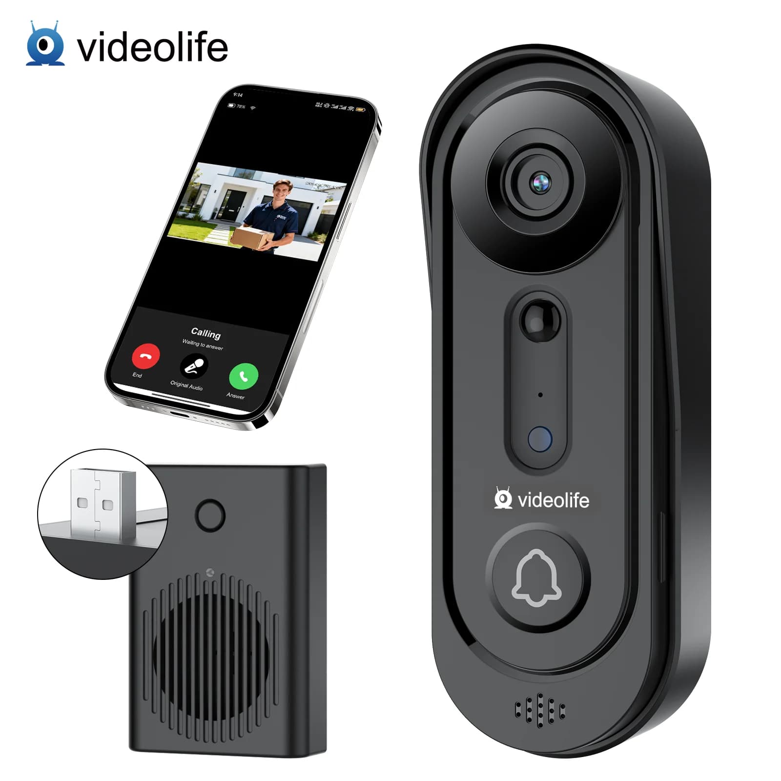 Videolife Campanello Intelligente Wireless 1080P con Telecamera, Videocitofono WiFi, Sensore di Movimento PIR, Visione Notturna, Kit di Sicurezza Domestica Intelligente