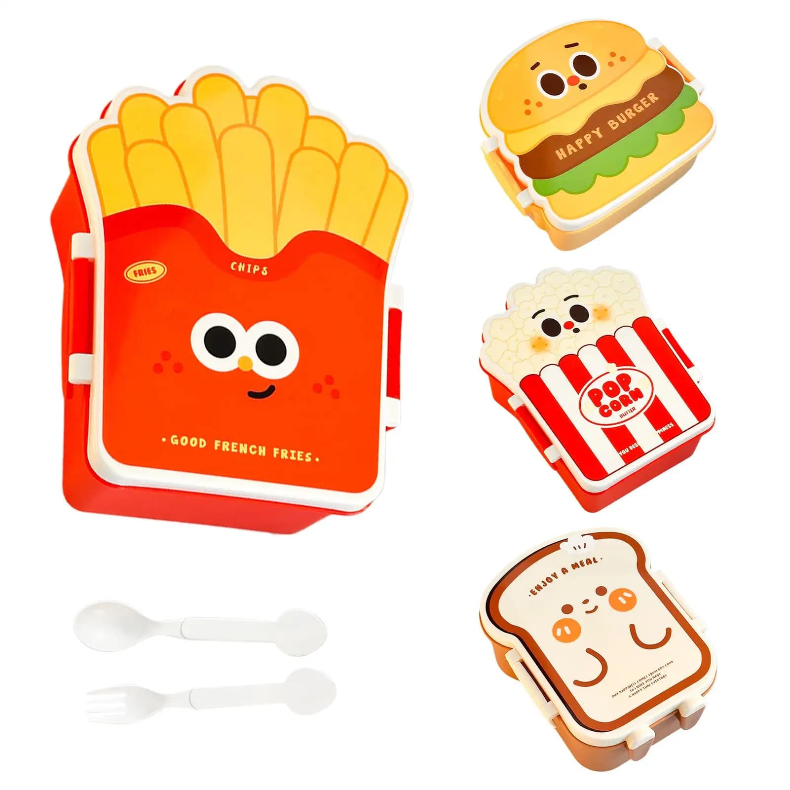 Simpatica Scatola Porta Pranzo a Forma di Hamburger, Patatine, Popcorn e Pane, Divertente, Portatile, Adatta al Microonde, con Posate e Scomparti, Contenitore Sicuro per Alimenti per Bambini