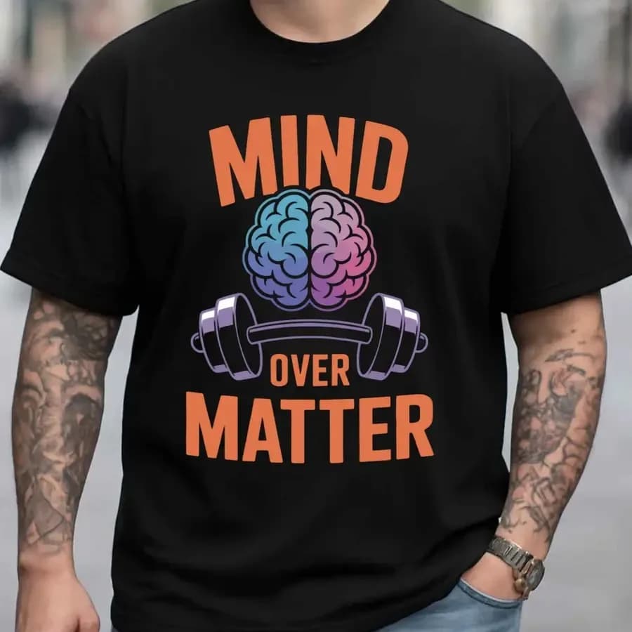 【Nuovo arrivo】T-shirt da palestra Mind Over Matter, maglietta grafica motivazionale con immagine di cervello e manubri, camicia casual nera per il fitness