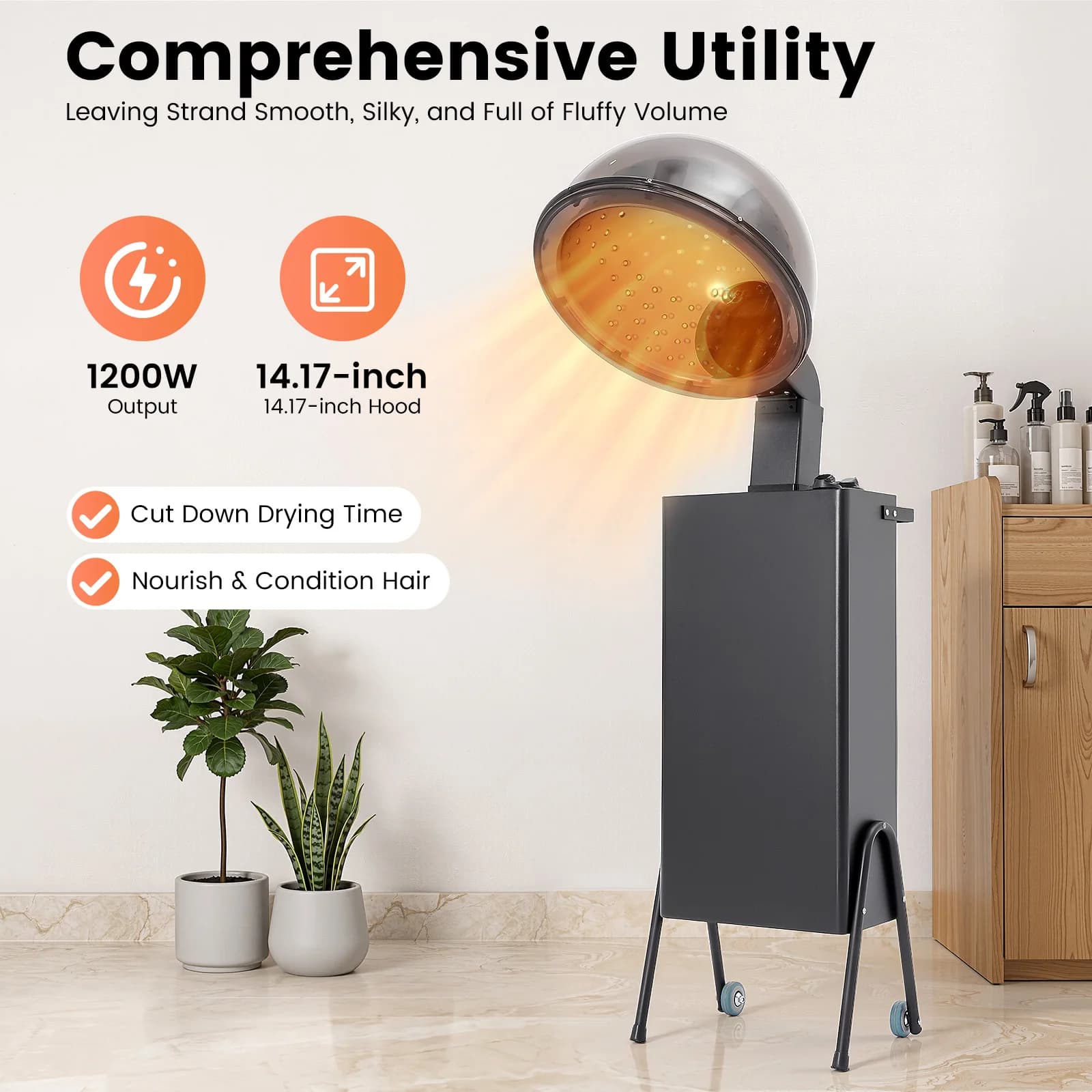 1200W Professional Salon Hair Dryer – 14.17" Hood – Adjustable Temp & 60Min Timer – Overheat Protection – Rolling Wheels – Black