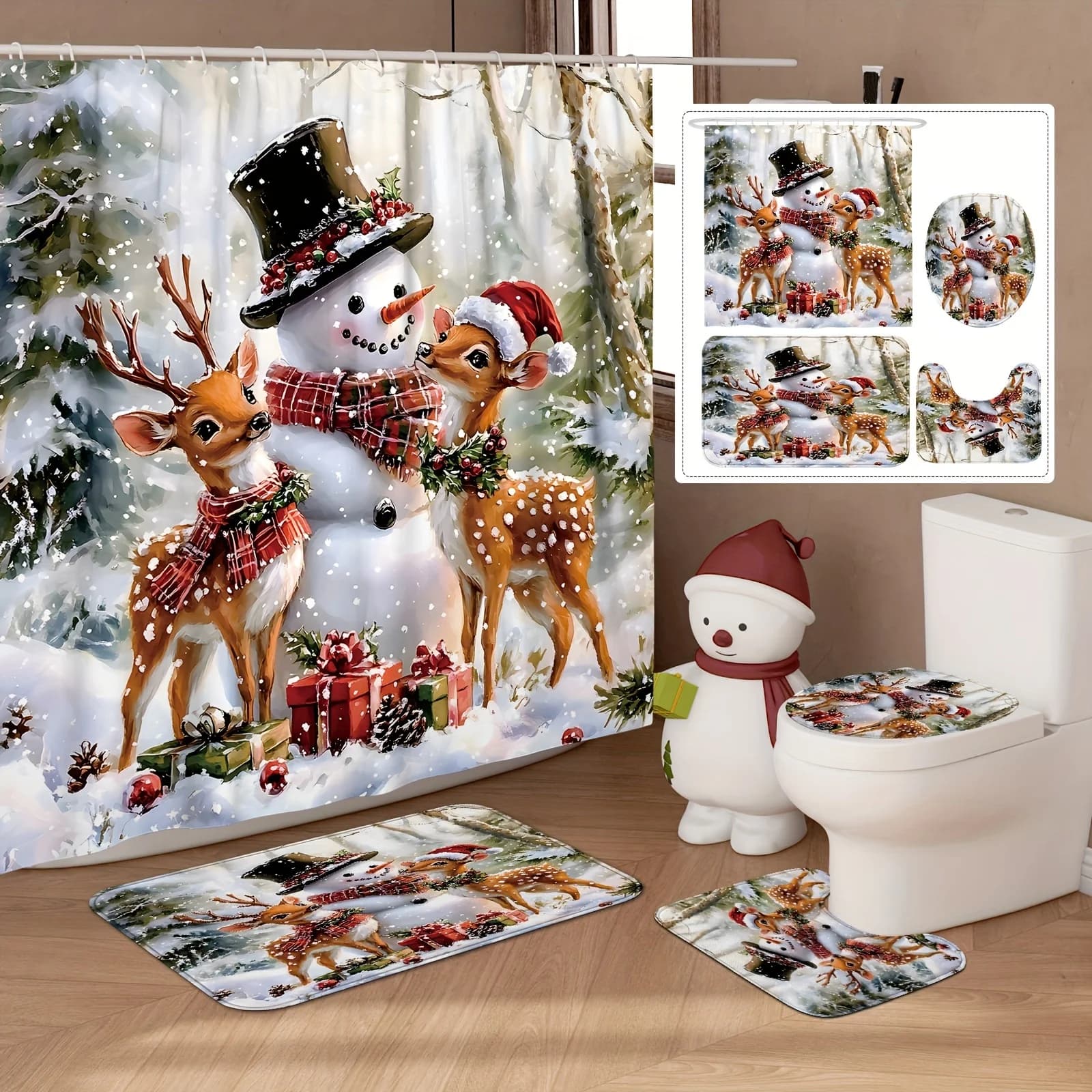 Set da bagno natalizio da 4 pezzi, cappello da Babbo Natale con cervo pupazzo di neve, design bianco marrone, decorazioni natalizie, 12 ganci, tappetino antiscivolo, copriwater a forma di U