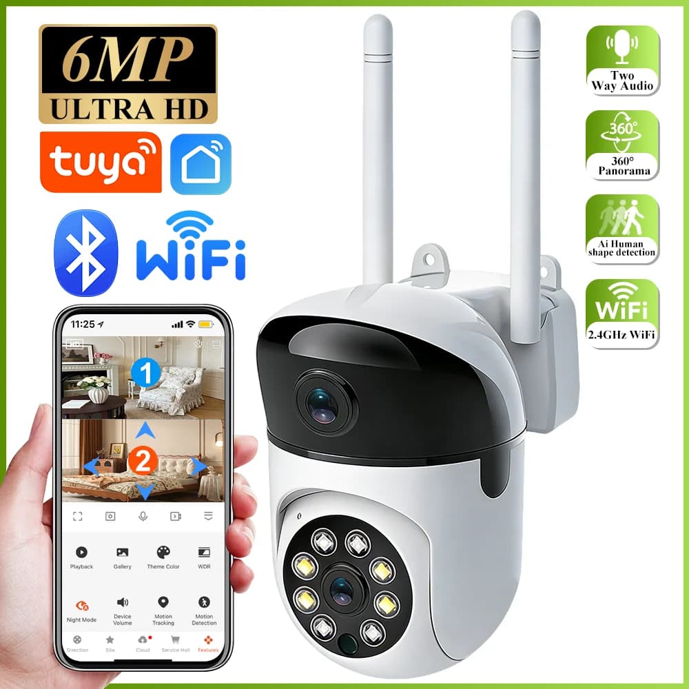 Telecamera IP Tuya 6MP WiFi a Doppia Lente, Telecamera di Sicurezza Smart Home con Tracciamento Automatico, Monitor per Bambini Wireless